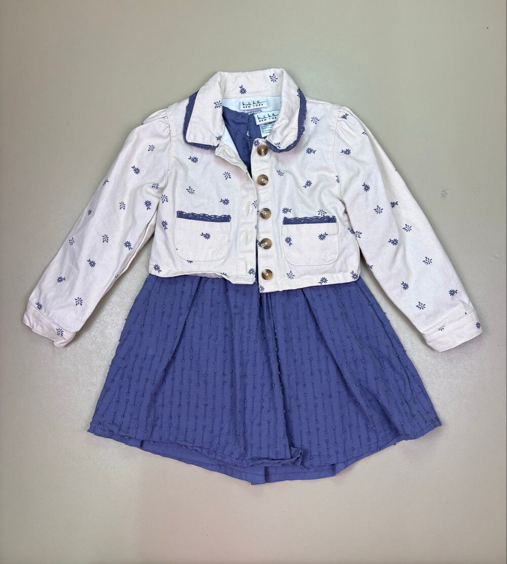 Nicole Miller New York Girls 4T Blue Textured Dress Floral Cropped Jacket EUC
